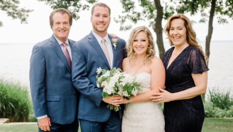 Mel Kiper Jr (L) With His Wife, Kim Kiper (R) Stand Beside Their Daughter Lauren Kiper And Her Husband Alex Klunk On Wedding Day In June 2021