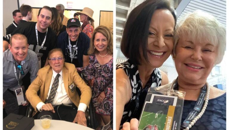 Tom Flores Wife Barbara Flores Pictured With Their Daughter Kim Flores Vela In 2021 During Tom's Hall of Fame Induction And In The Same Ceremony Tom Pictured With His Son Scott And His Family