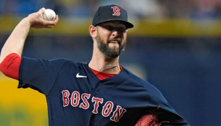 Chris Martin wearing his Boston Red Sox jersey