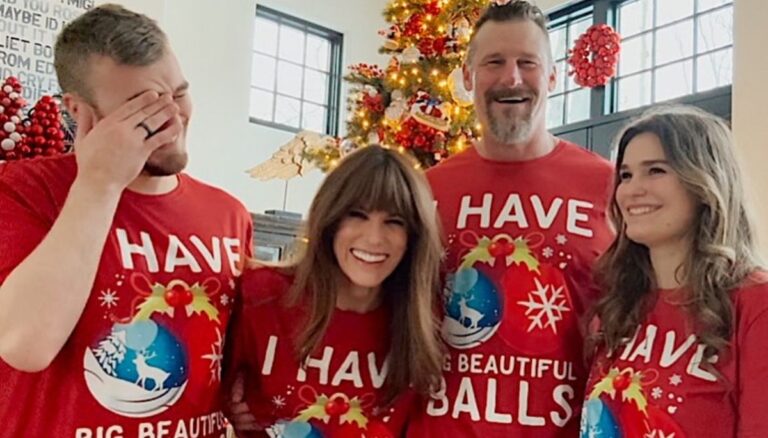 Dan Campbell Wife Holly Campbell Pictured With Their Kid During Christmas With A Sweater That Read I Have Big Beautiful Balls