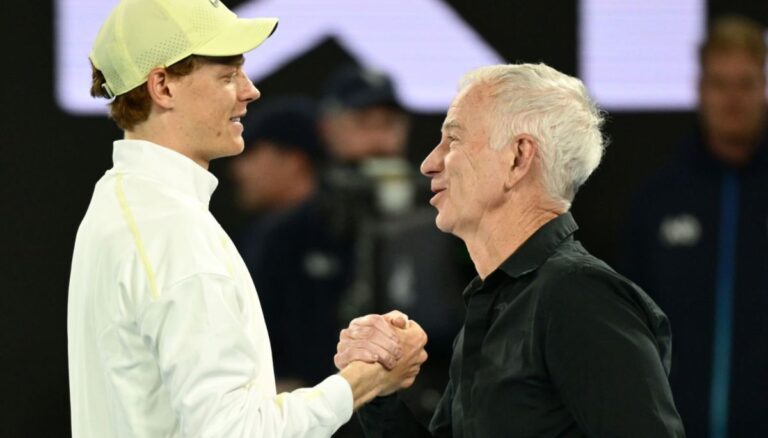 Former Tennis Legend John McEnroe Pictured Congratulating Italian Tennis Player Jannik Sinner After HIs Victory In The Australian Open In 2025