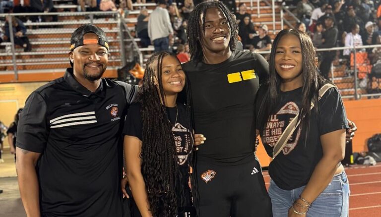Michigan Wolverines' Quarterback Bryce Underwood Pictured With His Parents Jay And Beverly Underwood And Sister, Jayc Underwood, At Belleville High School Football Game In September 2024