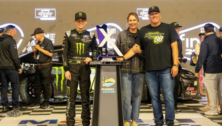 NASCAR Racer Riley Herbst Pictured With His Parents Troy And Laura Herbst After Winning The Phoenix Raceway In November 2024
