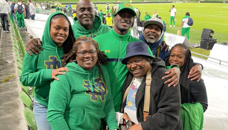 Notre Dame Running Back Jeremiyah Love Pictured With His Family, Including His Parents, L'Tyona And James Love After Notre Dame's Game In August 2023