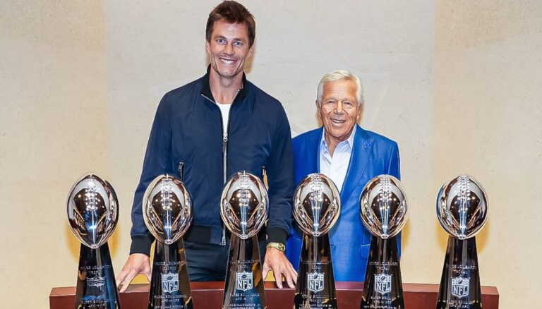 The New England Patriots CEO Robert Kraft Pictured With Former Patriots QB Tom Brady With Their Six Super Bowl Titles In September 2023