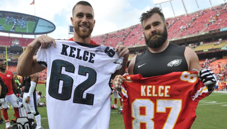 Travis Kelce and Jason Kelce showing their NFL jersey