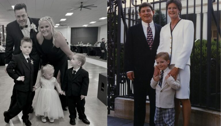 Late Pat Summitt with her son Tyler and ex husband (left) and Tyler Summitt with his wife Brooklyn and kids (right)