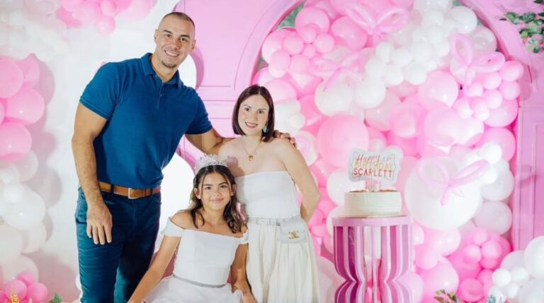 Linebacker Doug Kramer with his wife and daughter Scarlett