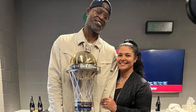 Former NBA Player Stephen Jackson Pictured With His Wife Tamara Jackson In 2022 Holding Big 3 Trilogy Trophy