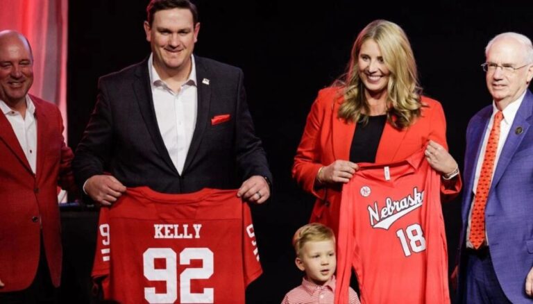 Nebraska Women Volleyball Head Coach Dani Kelly Pictured With Her Husband Lane Kelly And Their Son Boone Kelly As She Is Introduced As The Head Coach On February 6, 2025