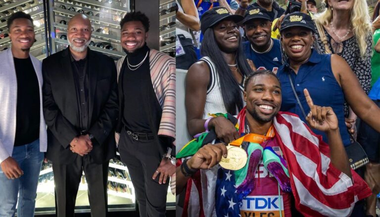 Noah Lyles with his mother Keisha, step-father Mark and sister Abby (Left) and with his brother and father Kevin (Right)
