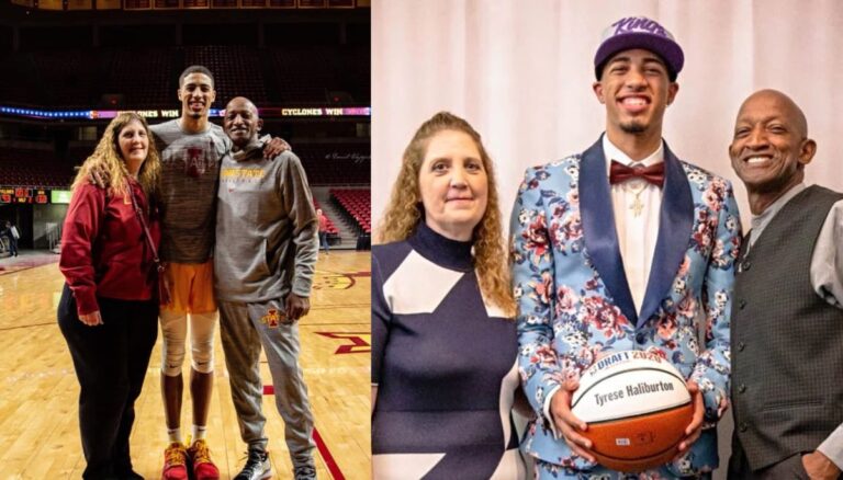 Tyrese Haliburton with his father John and mother Brenda Haliburton