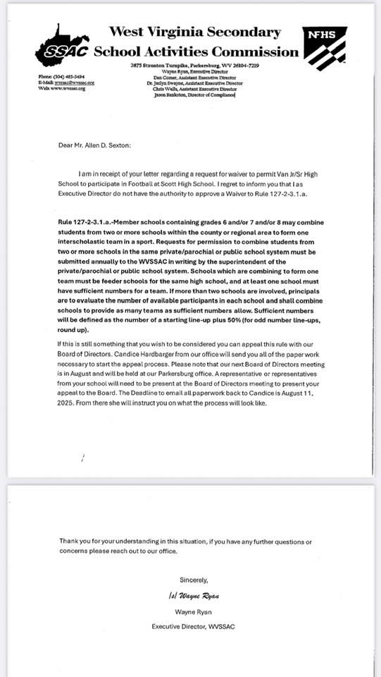 The letter from Wayne Ryan, the WVSSAC Executive Director.