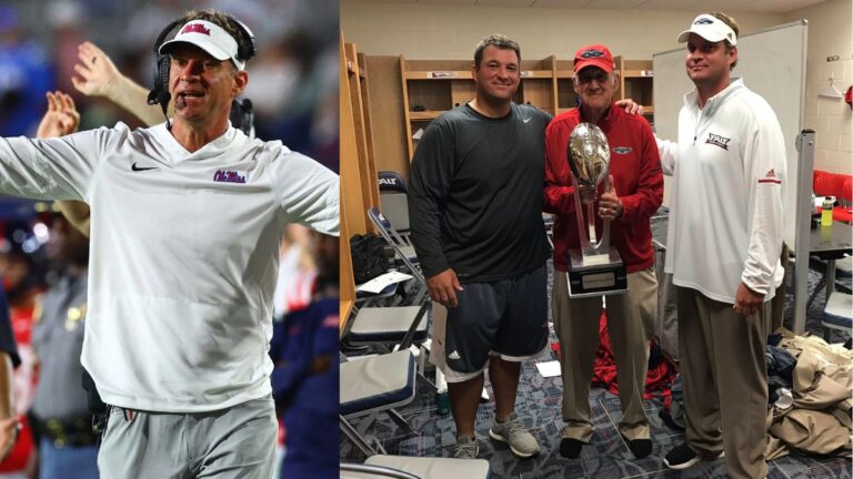 A picture collage of Lane Kiffin and one of his siblings with their father.