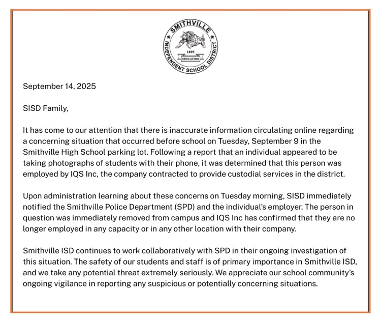 Statement from SISD from the district Live Feed on Sept. 14, 2025