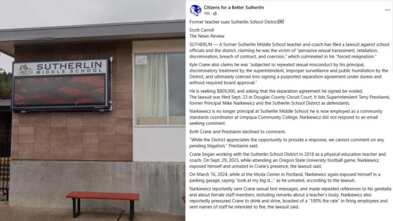 Sutherlin Middle School Coach Says He Was Sexually Harassed by Principal, and Spied On, Now He’s Suing for $809K
