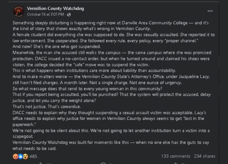 ‘A female student did everything she was supposed to do. She was sexually assaulted’- DACC Suspends Student Athlete for Reporting Assault While Accused Stays, Angering Vermilion County.