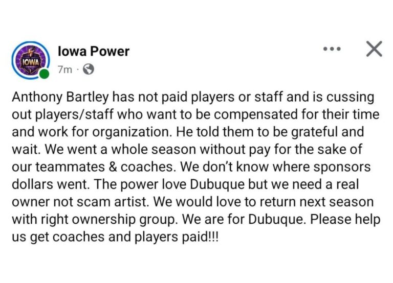 Dubuque’s Iowa Power Coach Anthony Bartley Accused of Financial Mismanagement and Substandard Housing in Inaugural UIFA Season