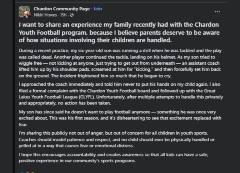 A Six-Year-Old Chardon Youth Football Player Traumatized After an Assistant Coach Lifted Him by His Shoulder Pads, Screamed at Him for ‘Kicking,’ and Forcefully Set Him Down