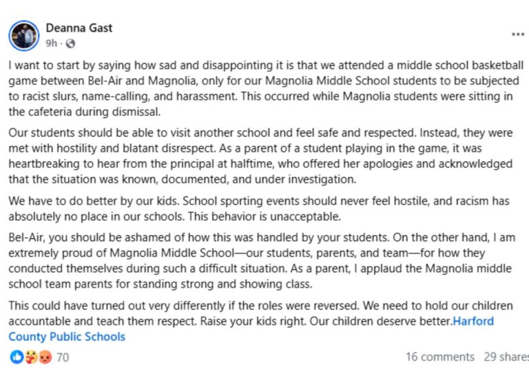 Magnolia Middle School Students Targeted with Racist Slurs During Bel-Air Basketball Game in Harford County