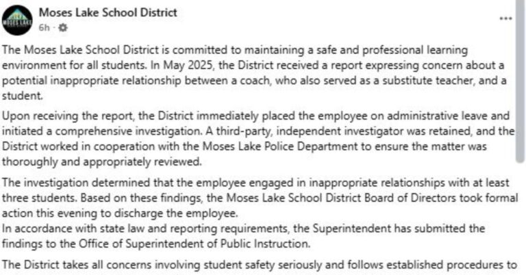 Moses Lake School District Discharges Coach